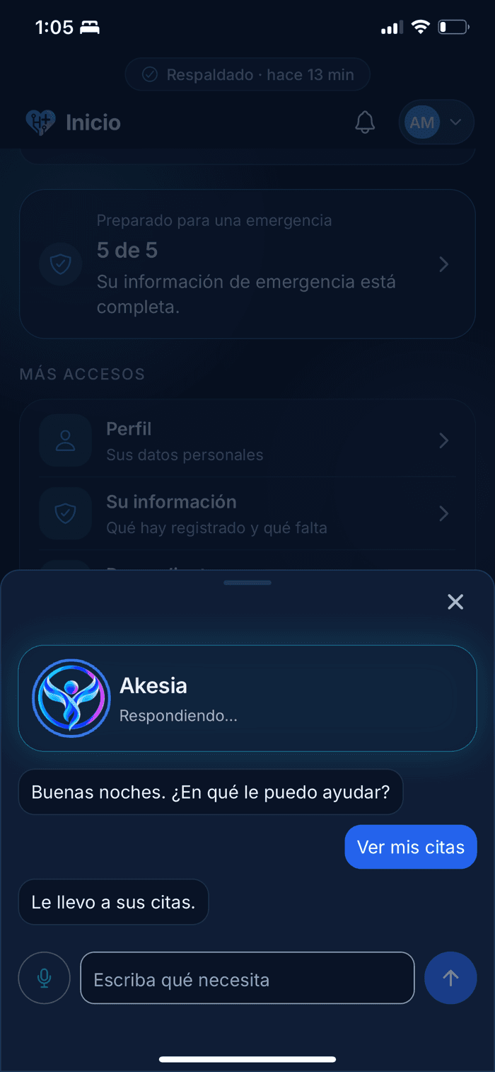 Akesia en la app de Health+: «Ver mis citas» y la respuesta «Le llevo a sus citas»