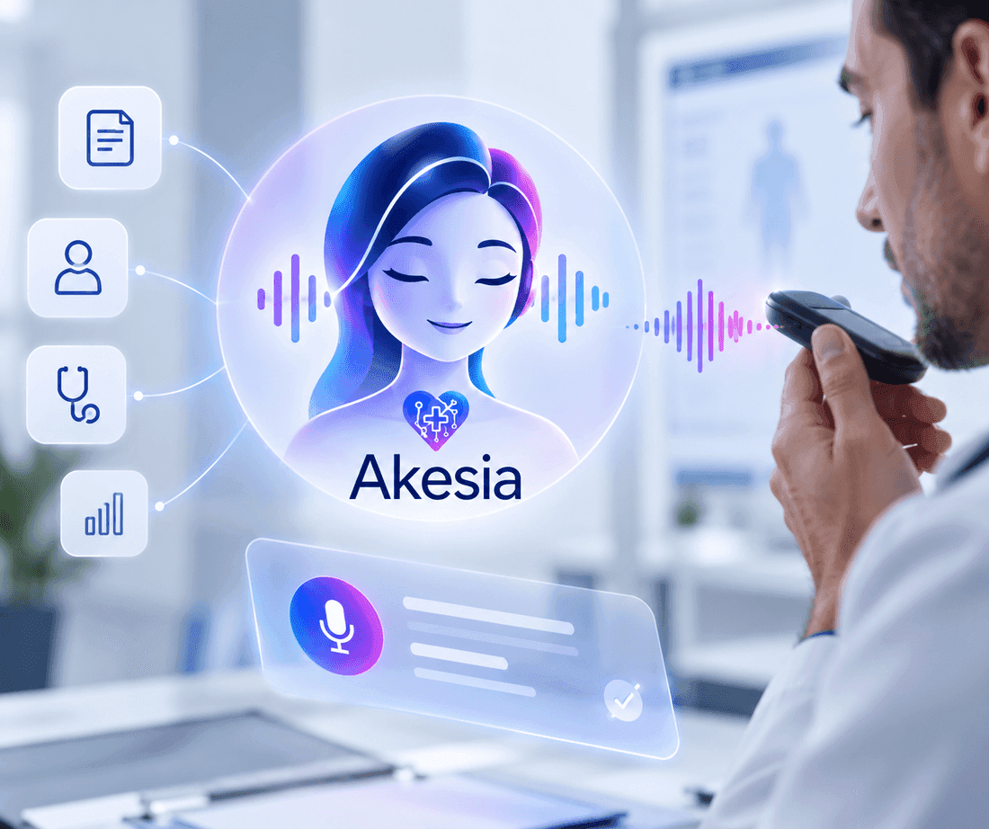 Akesia, la asistente de IA de Health+: un médico dicta a su teléfono y la voz se convierte en los campos del expediente.